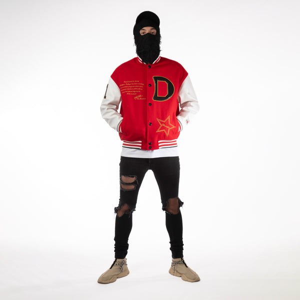 Unique red varsity jacket with python made in France by Drippin shown on the model